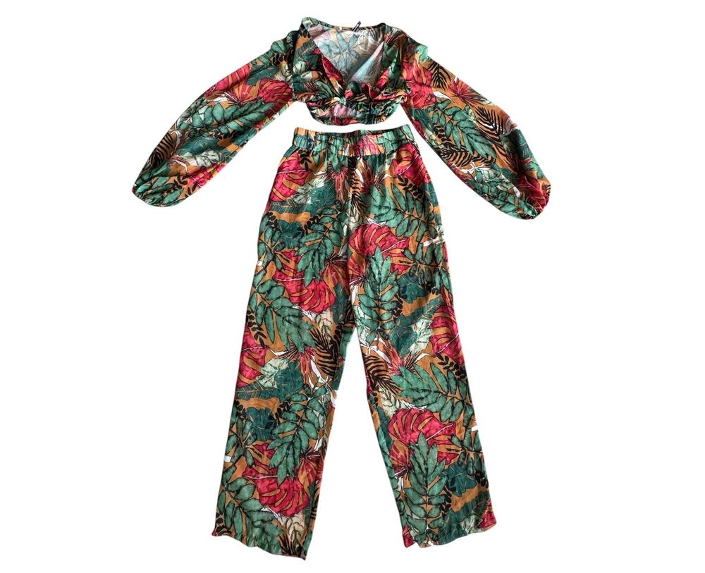 PRETTYLITTLETHING SHEER TROPICAL PRINT COVER-UP SET TOP/BOTTOMS SIZE 10
